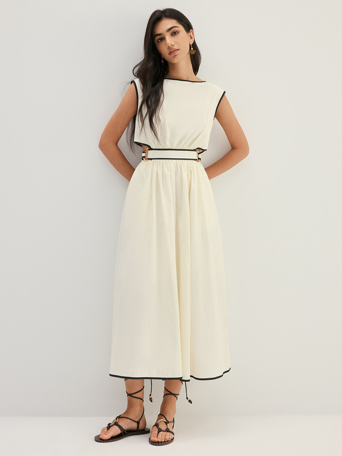 Contrast Trim Cutout Tie Back Midi Dress with Sleeveless Design