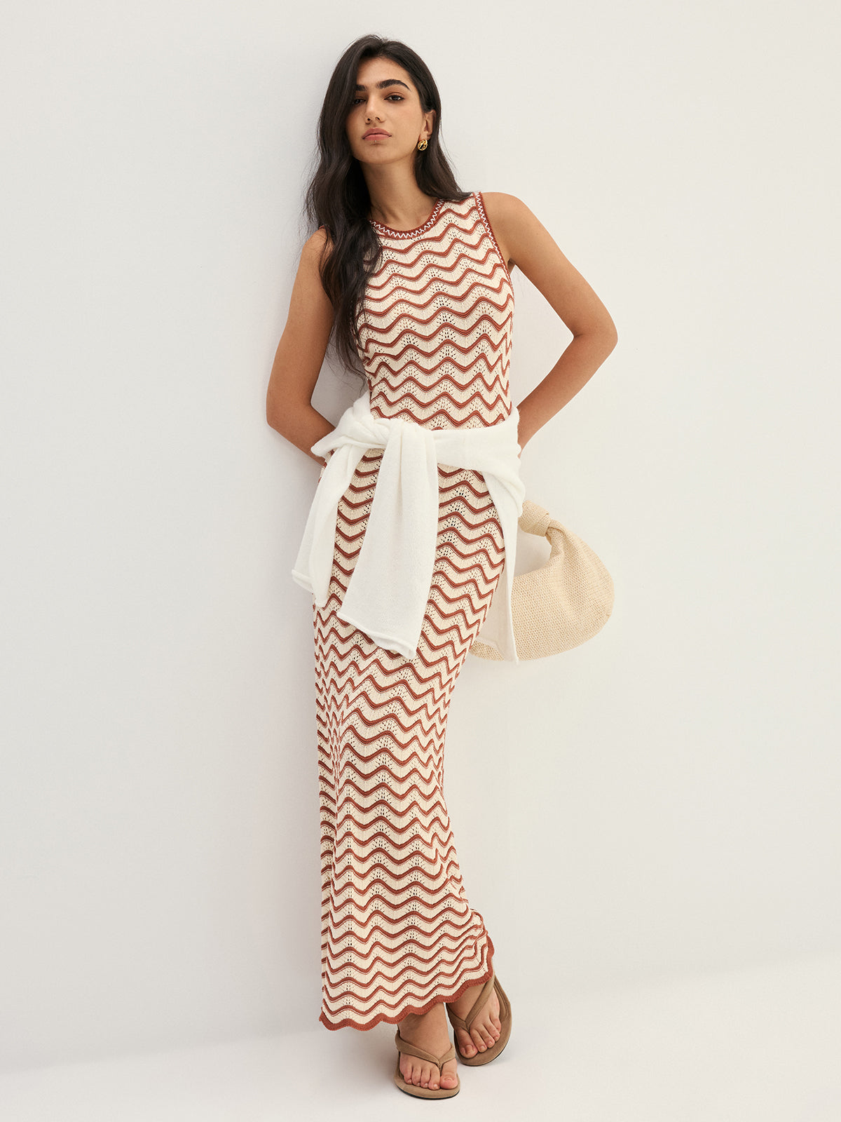 Wavy Stripe Knit Sleeveless Mermaid Maxi Dress Elegant Party Evening Gown