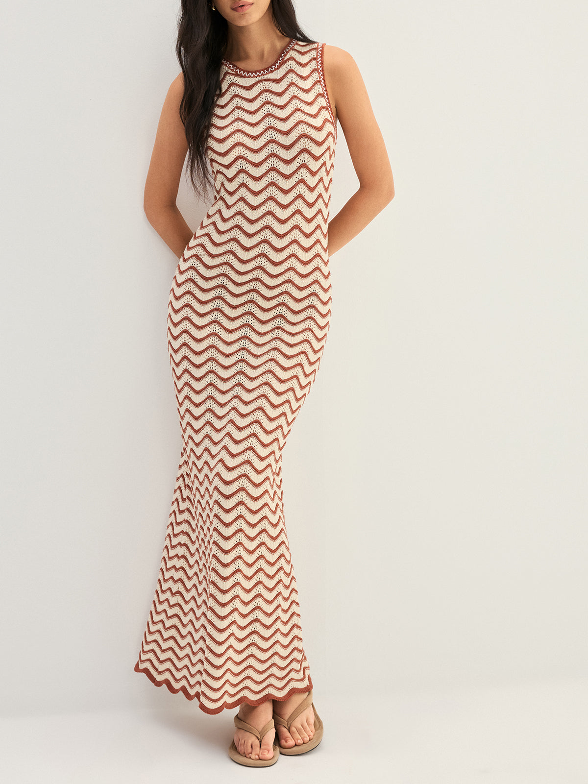 Wavy Stripe Knit Sleeveless Mermaid Maxi Dress Elegant Party Evening Gown