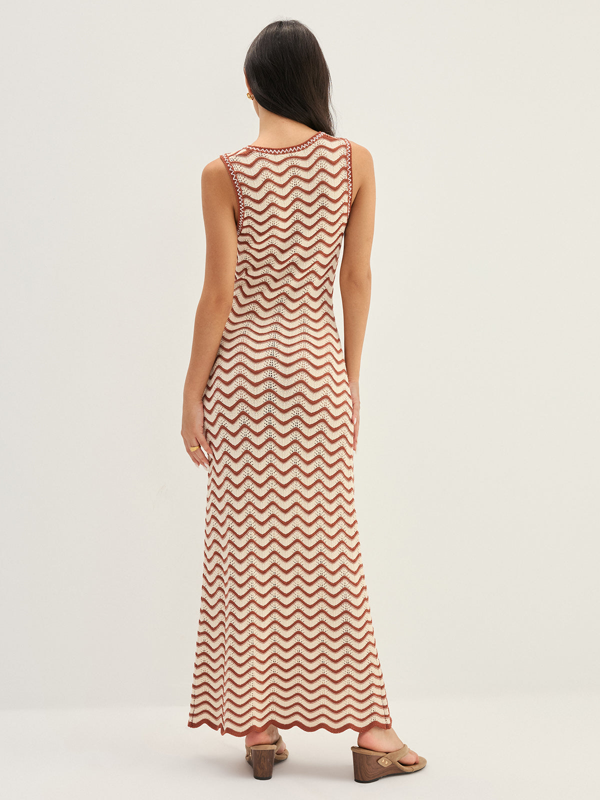 Wavy Stripe Knit Sleeveless Mermaid Maxi Dress Elegant Party Evening Gown