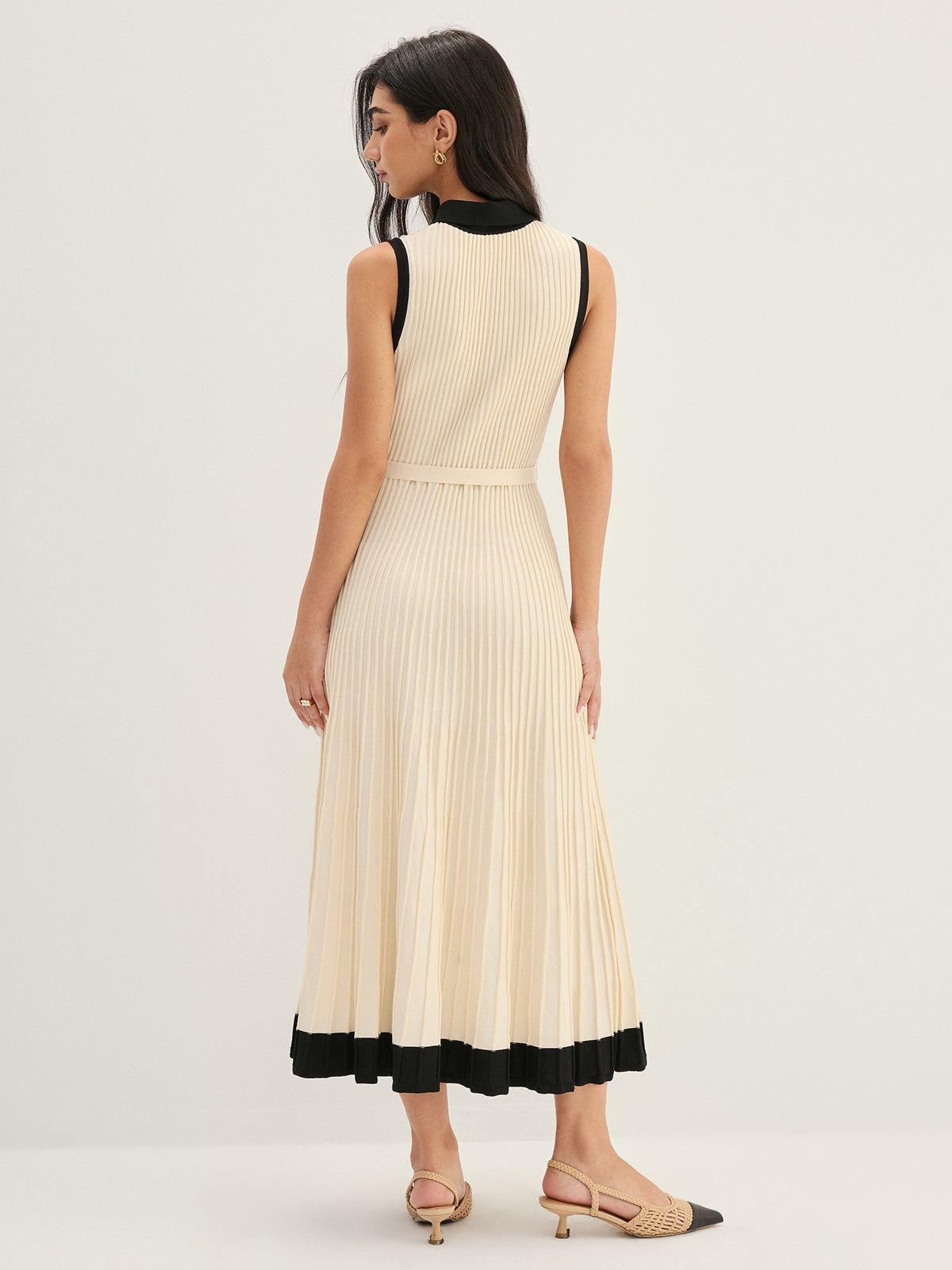 Elegant Contrast Collar Rib Knit Maxi Dress for Evening Events