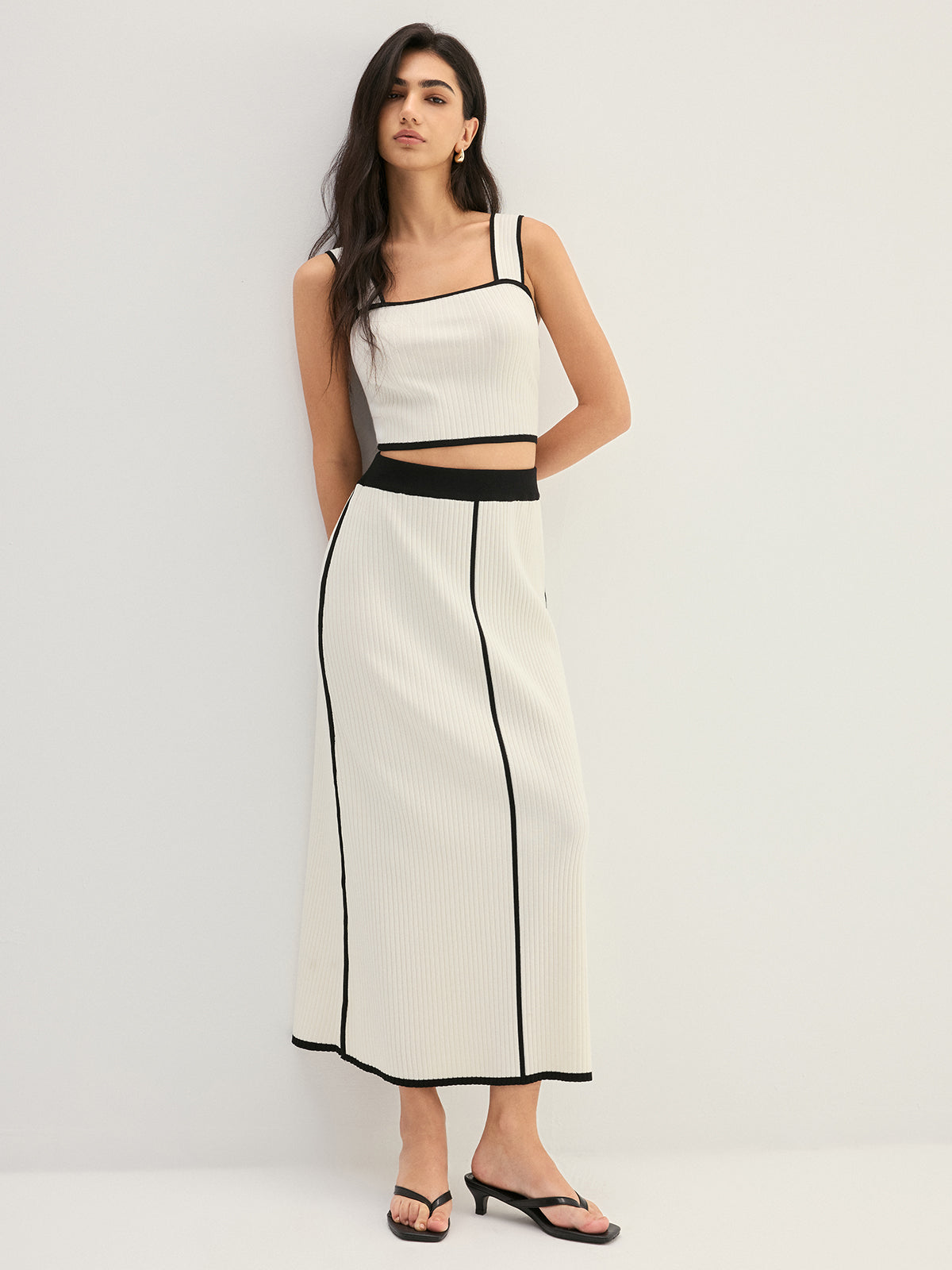 Contrast Trim Rib Knit Elegant Two Piece Skirt Set for Women