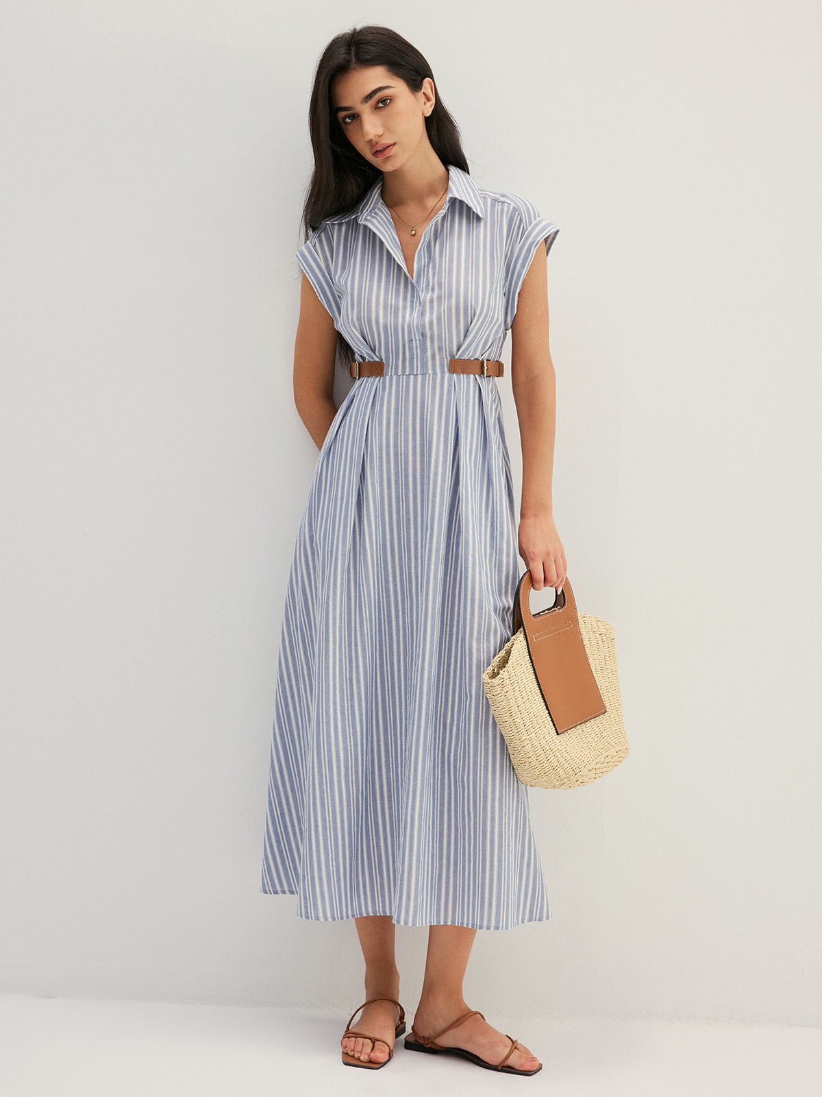 Striped Buckle Detail Cotton Shirt Dress with Belted Waist