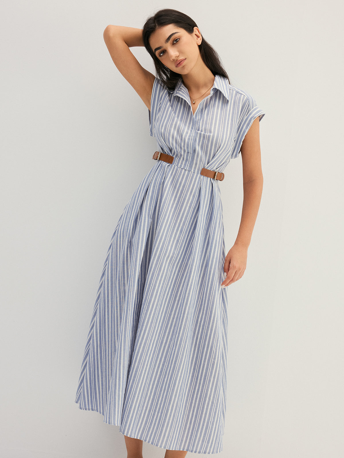 Striped Buckle Detail Cotton Shirt Dress with Belted Waist