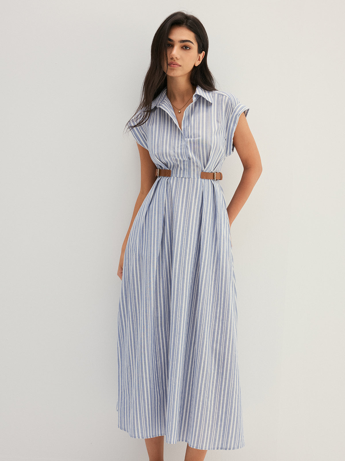Striped Buckle Detail Cotton Shirt Dress with Belted Waist