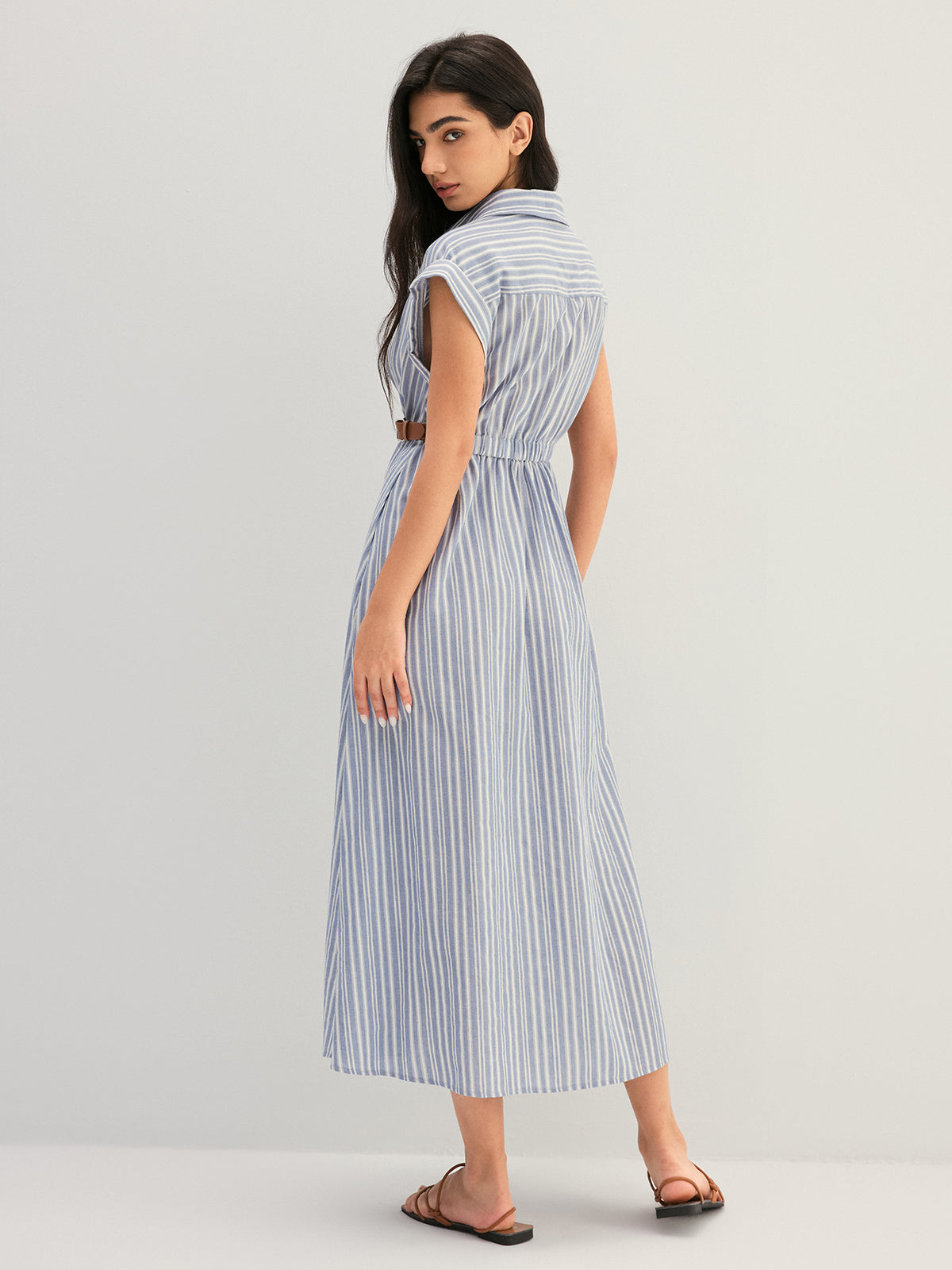 Striped Buckle Detail Cotton Shirt Dress with Belted Waist