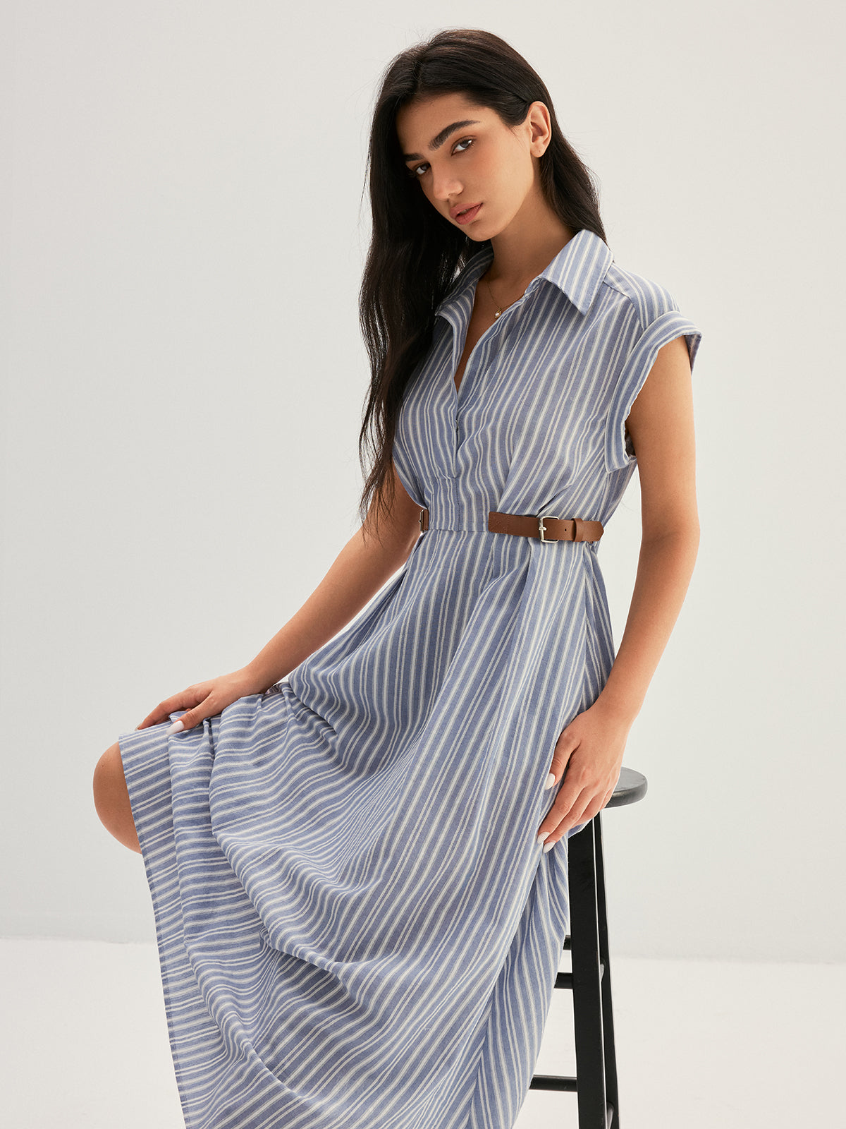 Striped Buckle Detail Cotton Shirt Dress with Belted Waist
