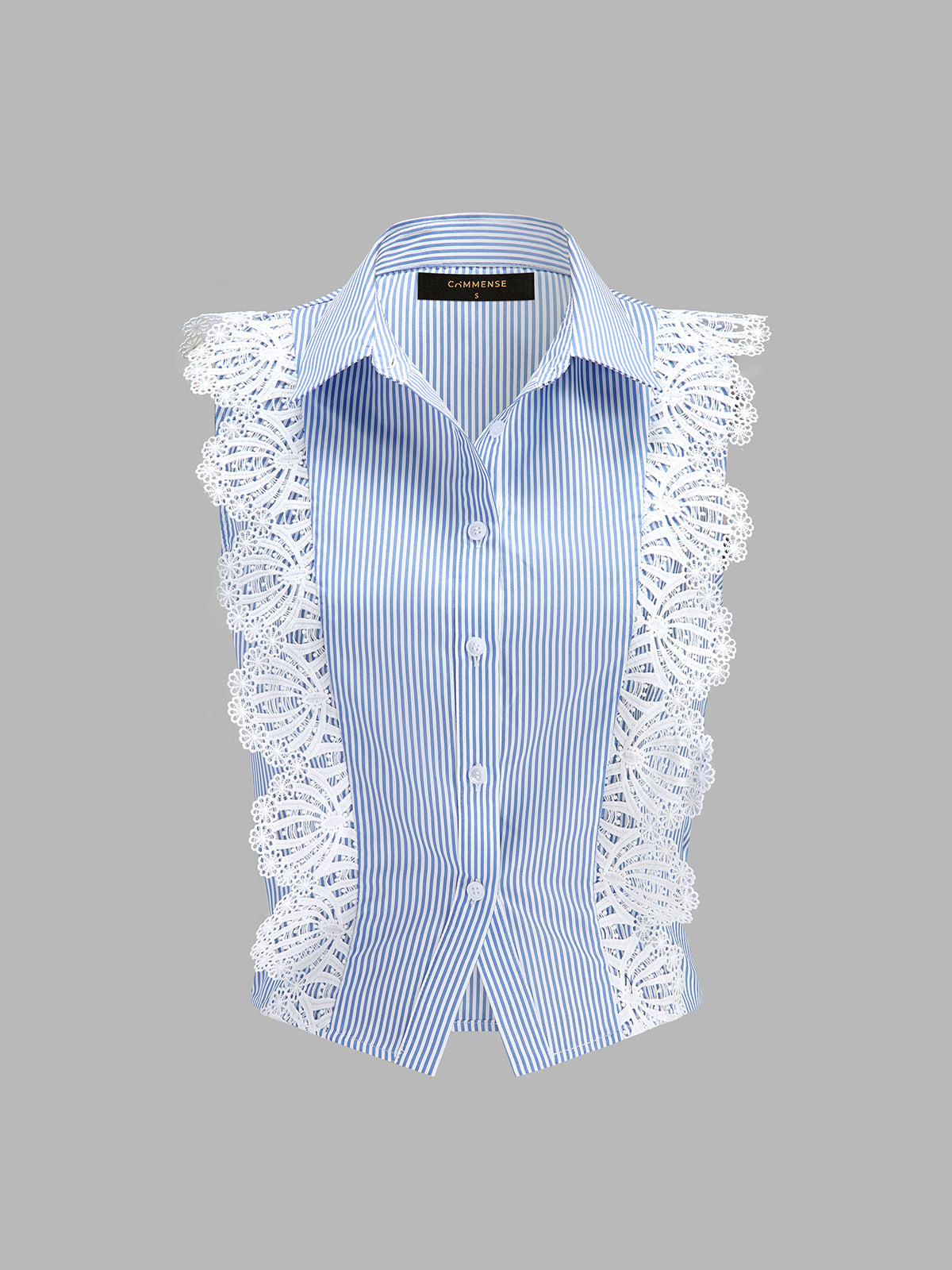 Lace Trim Striped Sleeveless Collared Shirt - Casual Summer Women's Top
