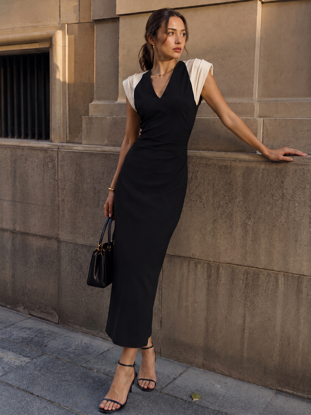 Color Block Ruched V-Neck Midi Dress with Belt Detail for Women