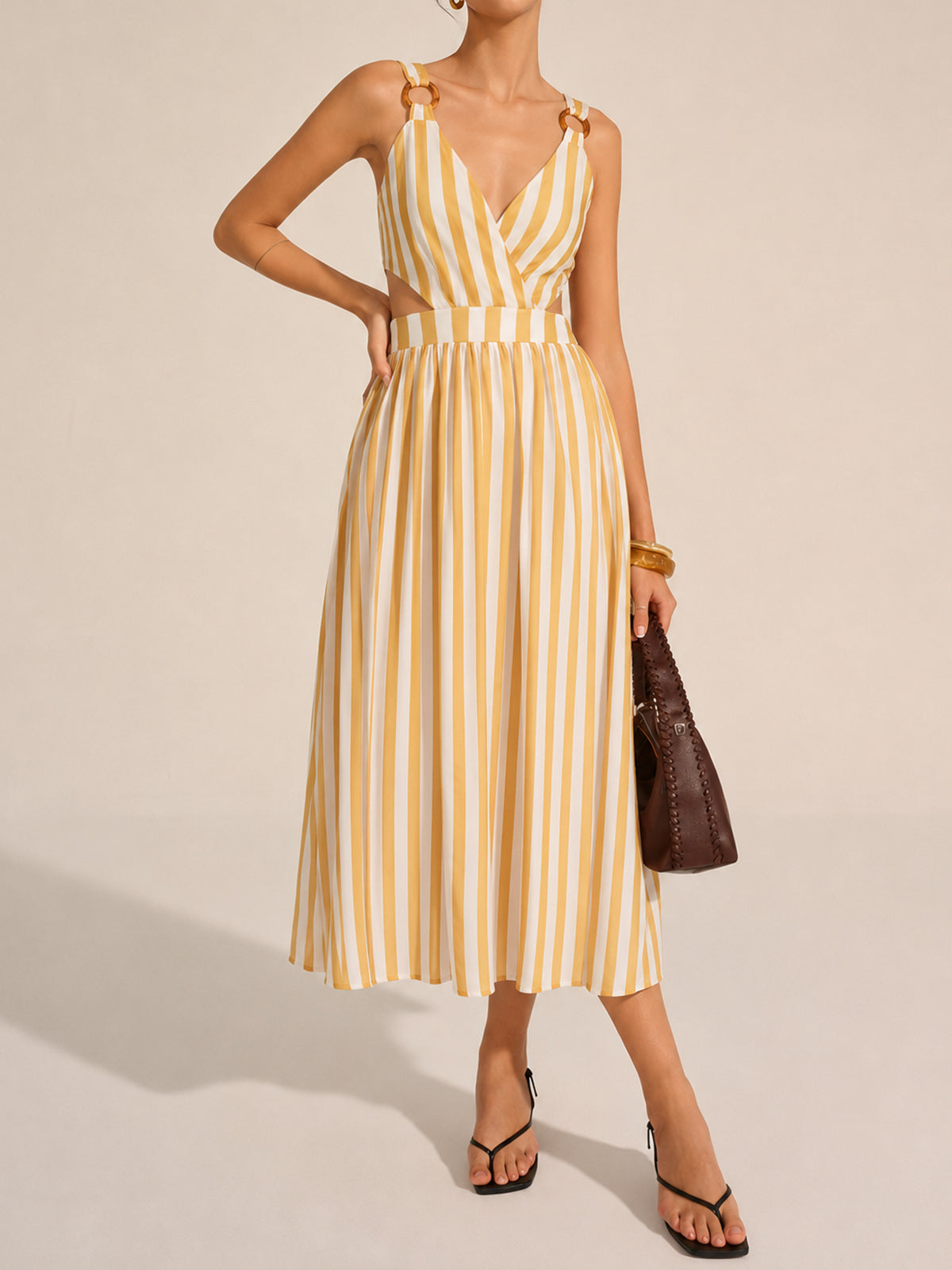 Ring Strap Striped Cutout Midi Dress with Adjustable Waist Tie