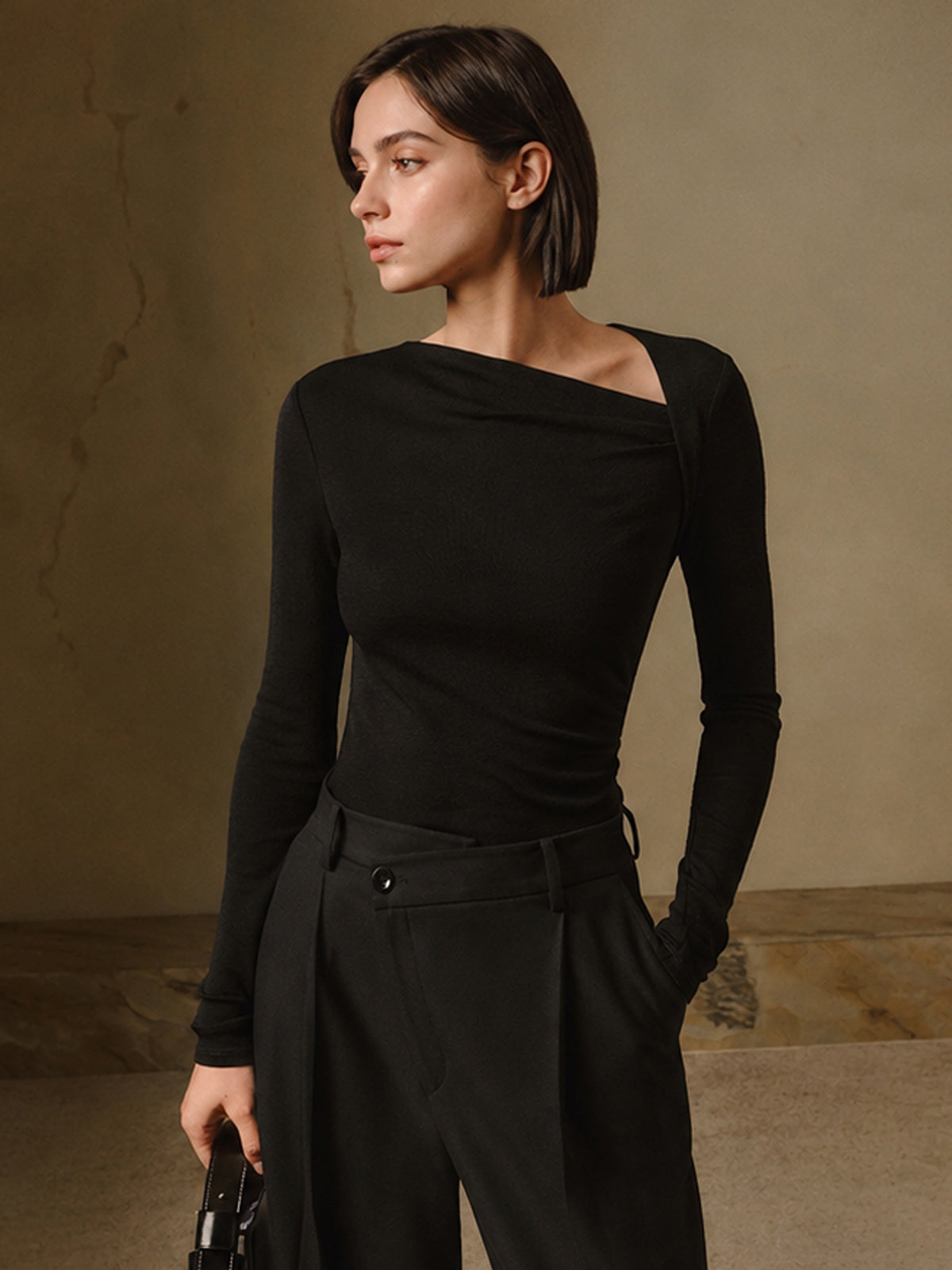 Ribbed Knit Long Sleeve Asymmetric Shirt for Women Casual Fit Comfort
