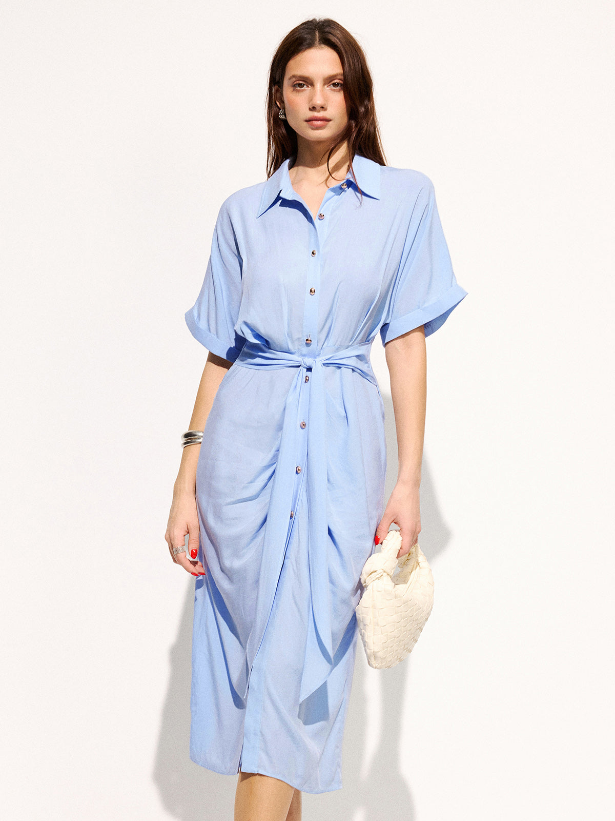 Tie-Waist Short Sleeve Maxi Shirt Dress for Women Casual Summer