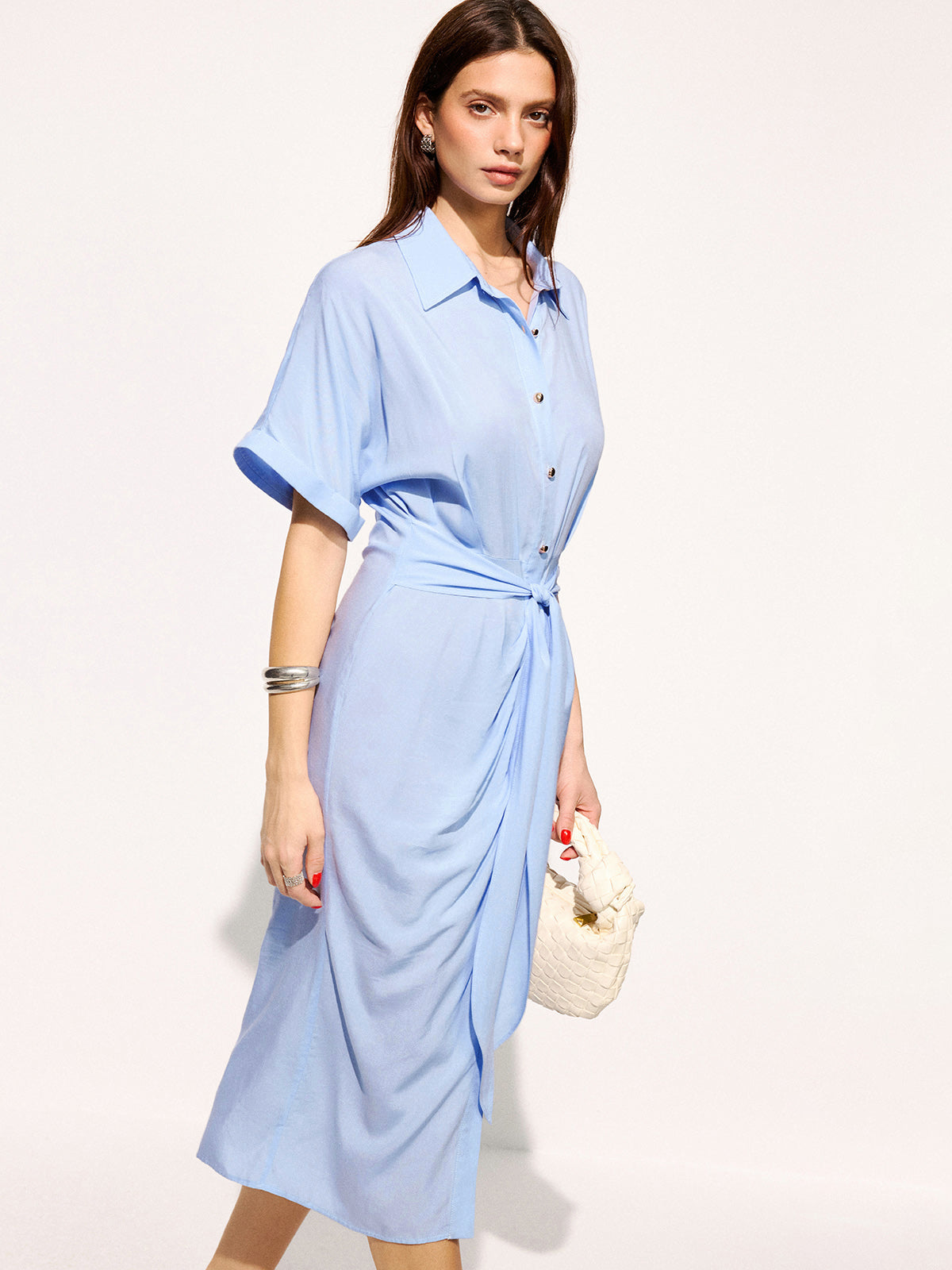 Tie-Waist Short Sleeve Maxi Shirt Dress for Women Casual Summer