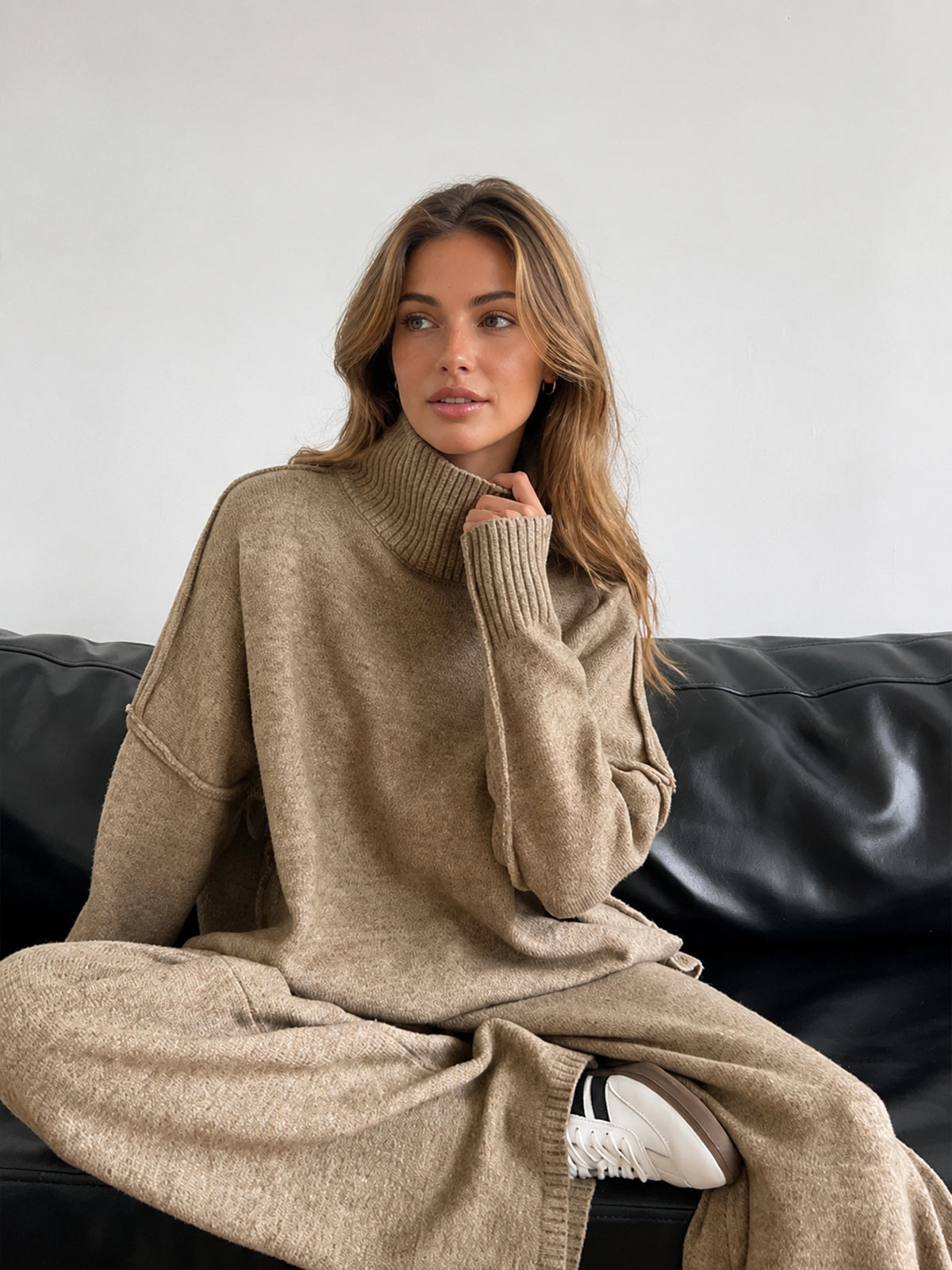 Plain Turtleneck Knit Pants Set - Cozy Winter Loungewear for Women