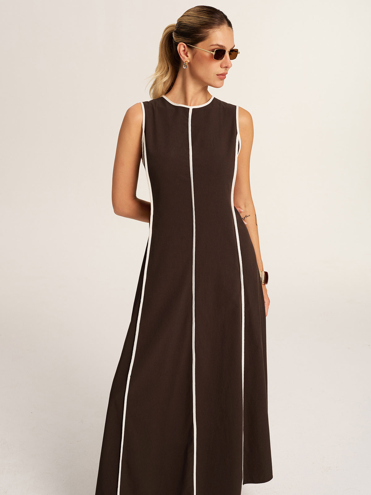 Contrast Piping A-Line Maxi Dress Women's Elegant Evening Wear