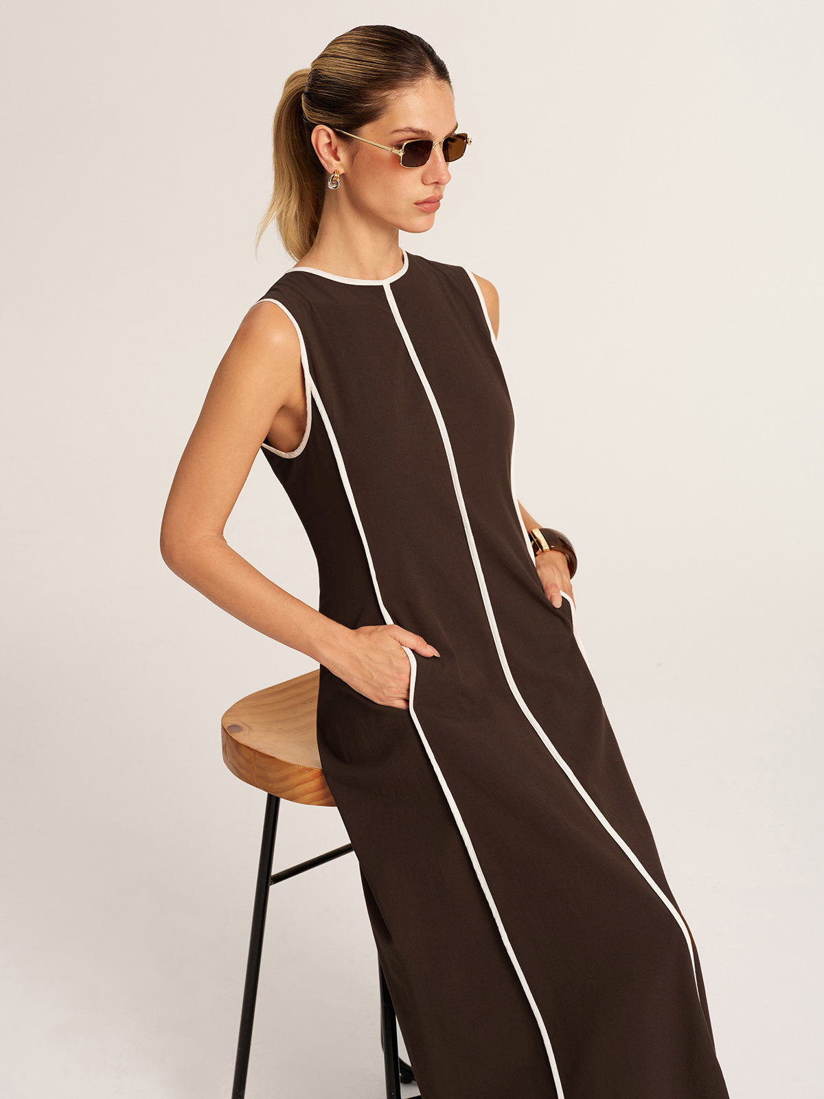 Contrast Piping A-Line Maxi Dress Women's Elegant Evening Wear