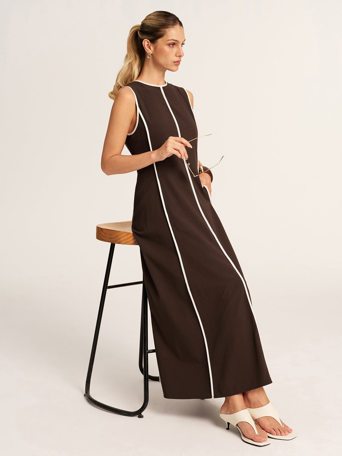 Contrast Piping A-Line Maxi Dress Women's Elegant Evening Wear