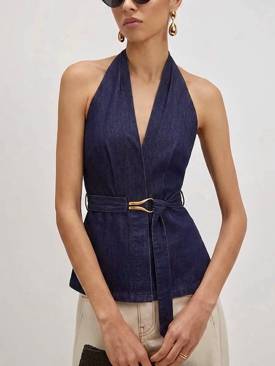Halter Neck Belted Denim Blouse Casual Summer Fashion Top