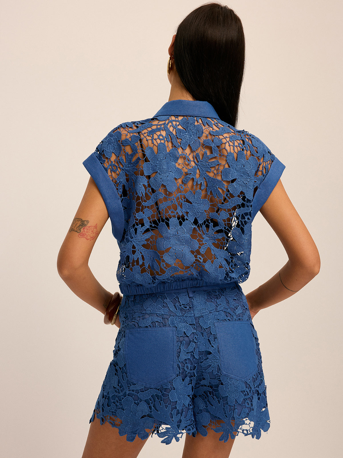 Guipure Lace Cropped Shirt & Shorts Set with Elegant Embroidery Detail