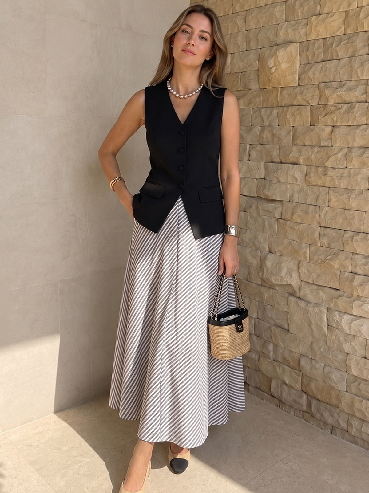 Tailored Vest & Striped Maxi Skirt Set for Women's Casual Wear