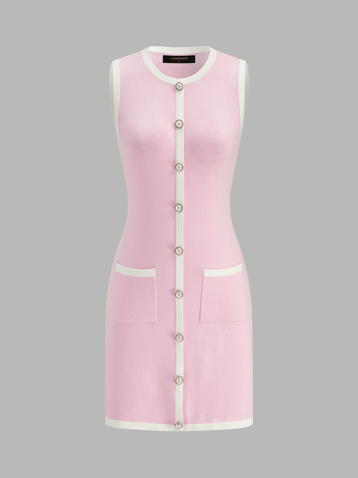Contrast Trim Pearl Knit Mini Dress with Elegant Sleeves