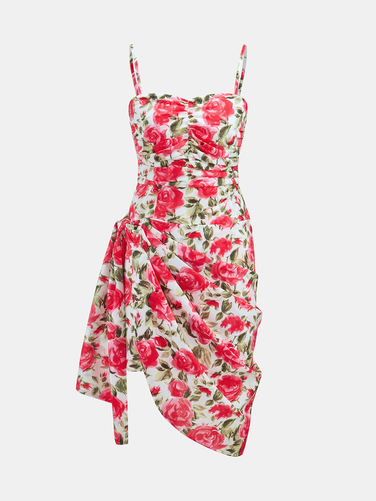 Floral Draped Asymmetric Midi Dress for Spring Weddings