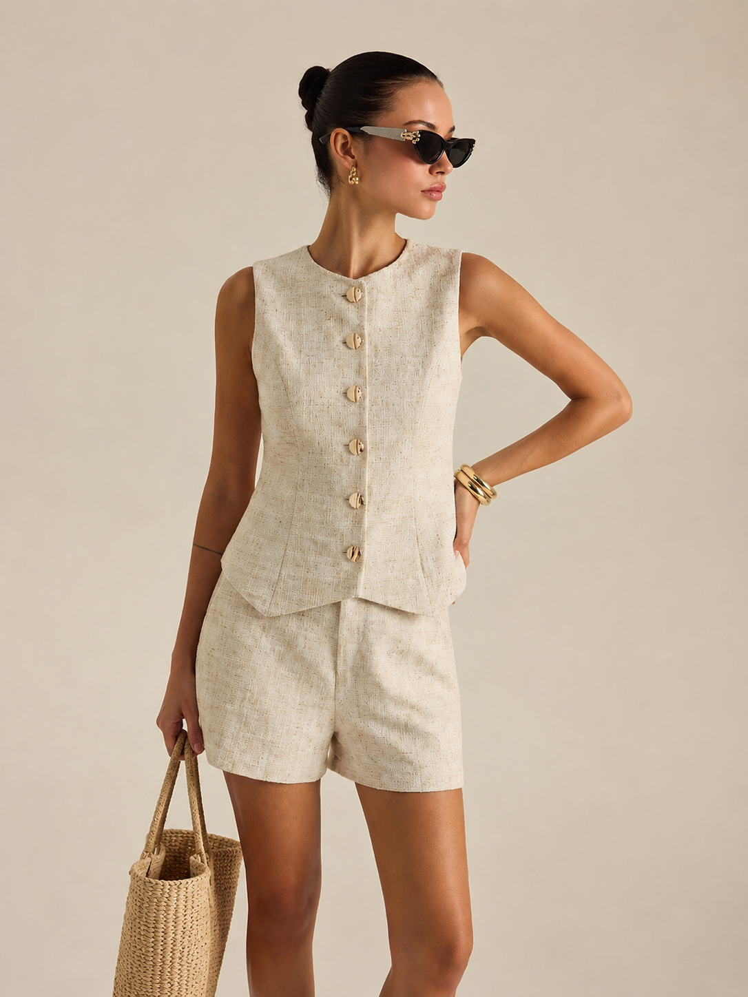 Tweed Buttoned Vest & Mini Shorts Set Classic Outfit for Women