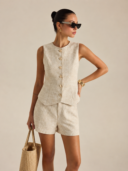 Tweed Buttoned Vest & Mini Shorts Set Classic Outfit for Women