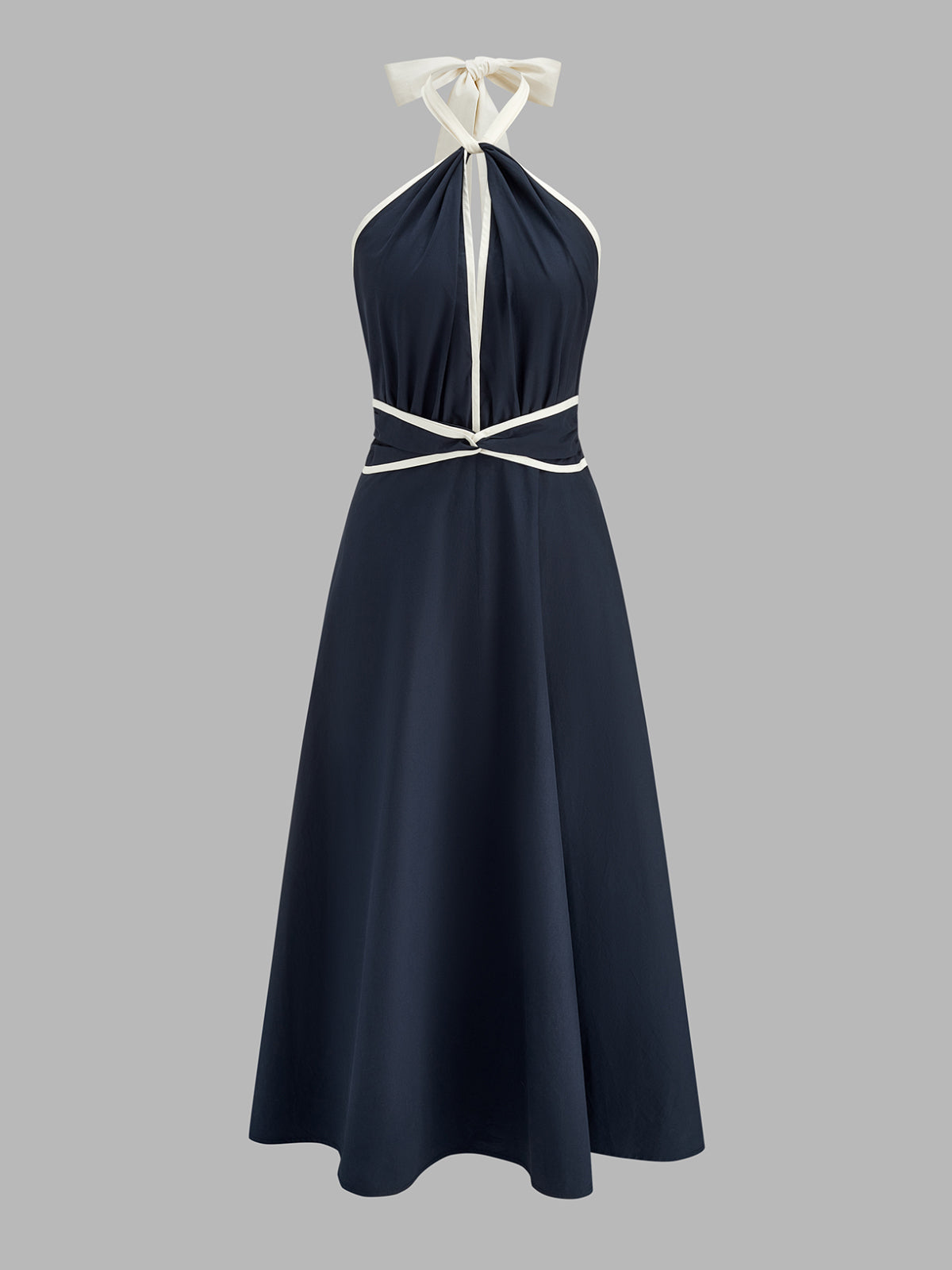 Contrast Halter Cotton Swing Dress with Pockets and Belted Waist