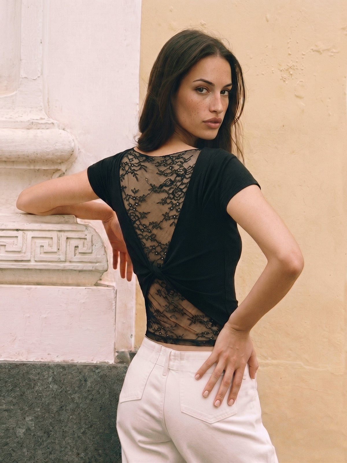 Lace Panel Twisted Short Sleeve Top for Women Casual Wear