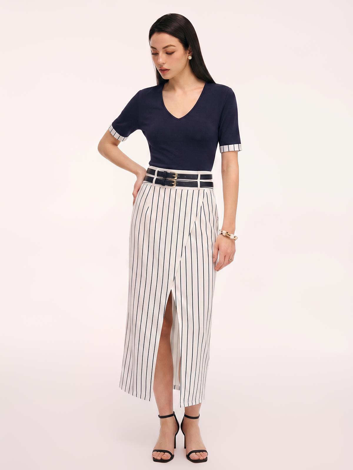 Double Belt Pinstripe Slit Midi Skirt with Side Pockets and Button Detail