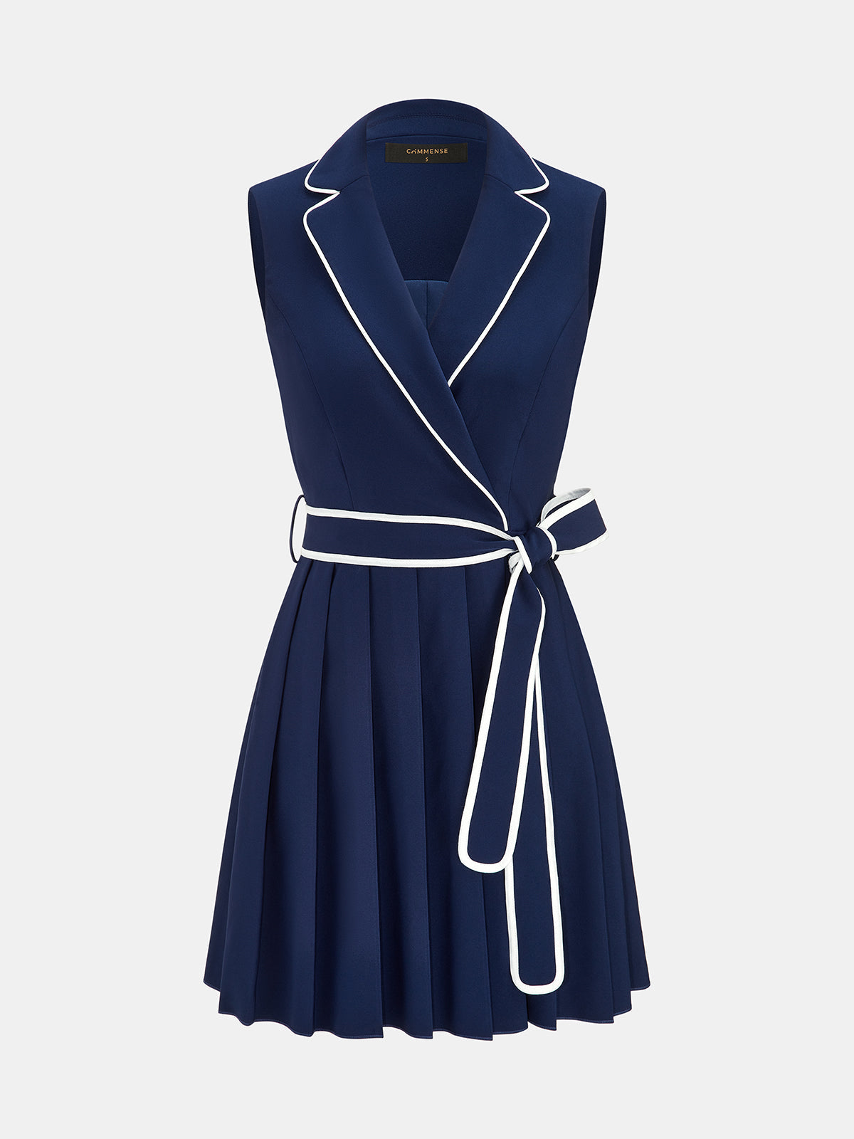 Contrast Trim Belted Lapel Pleat Mini Dress Trendy Casual Workwear