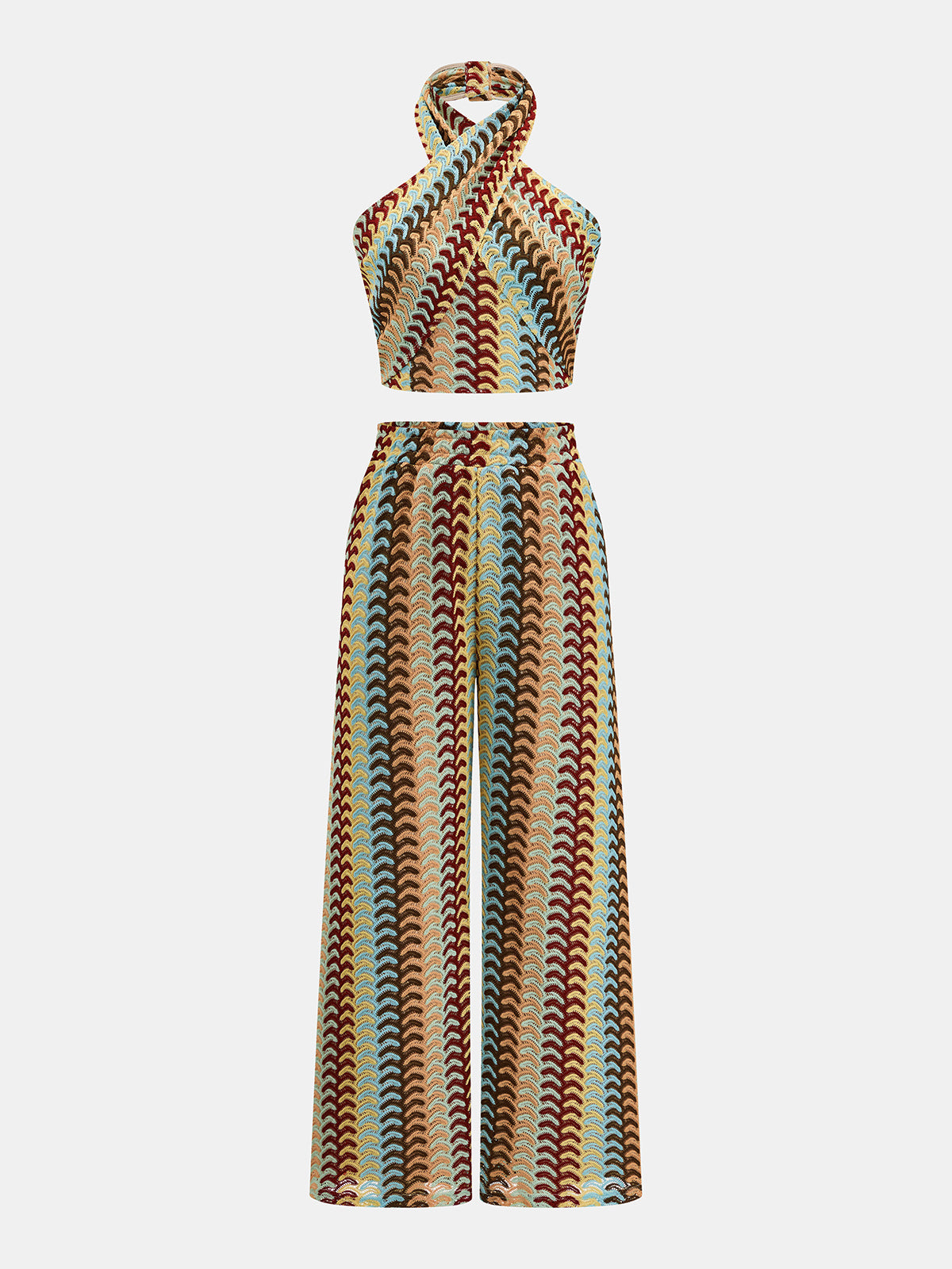 Printed Halter Crop Top & Wide-Leg Beachwear Pants Set for Women