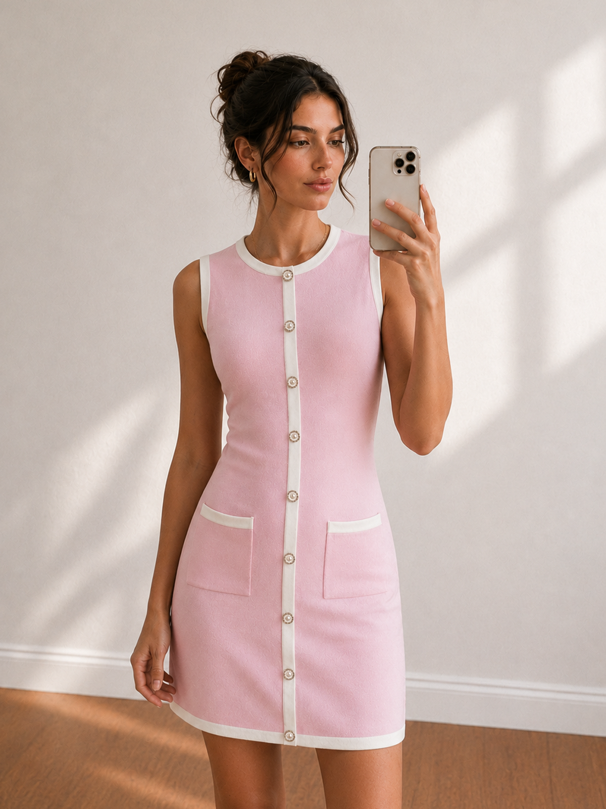 Contrast Trim Pearl Knit Mini Dress with Elegant Sleeves