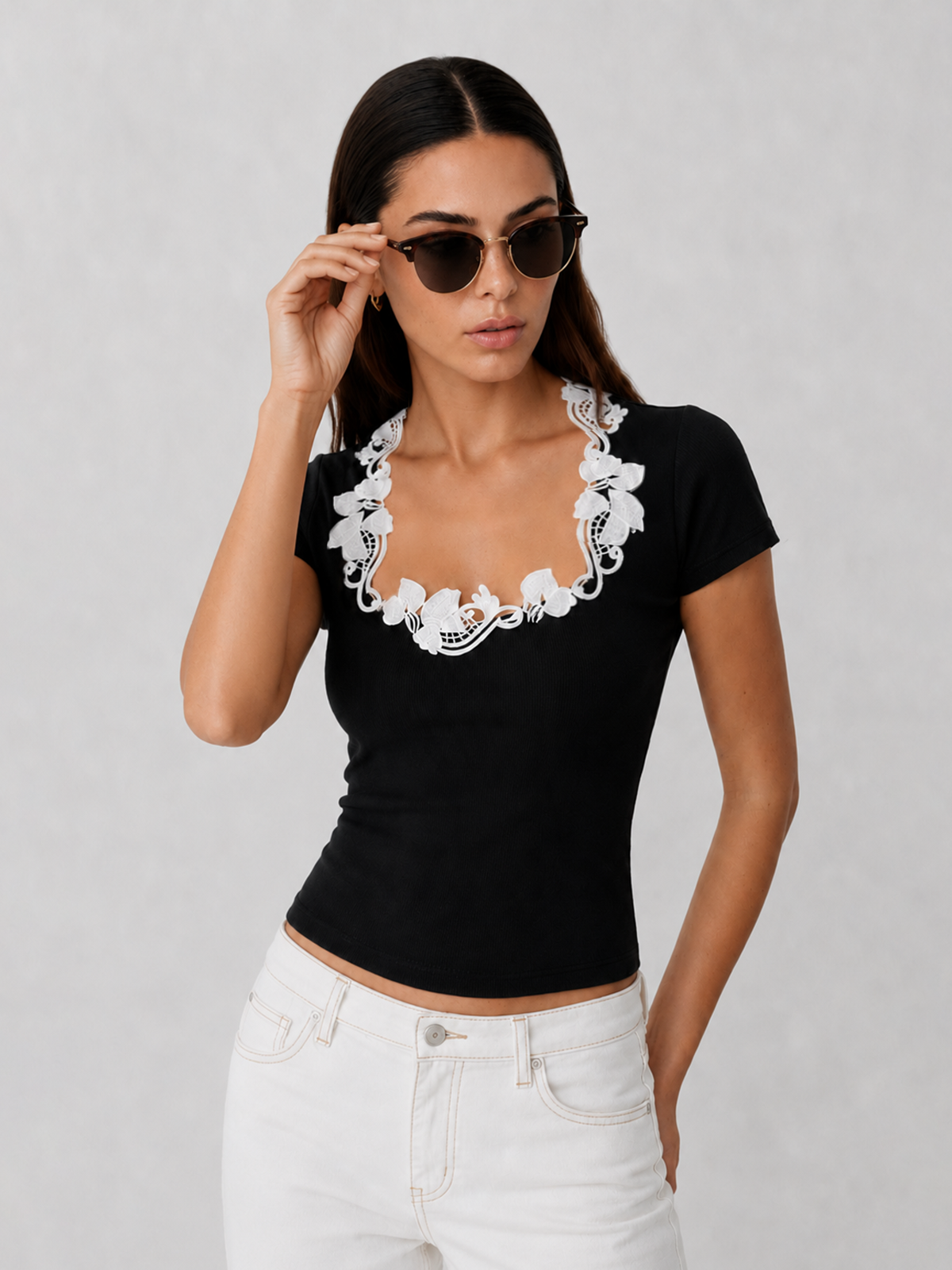 Embroidery Fitted Short Sleeve Top Women's Casual Wear