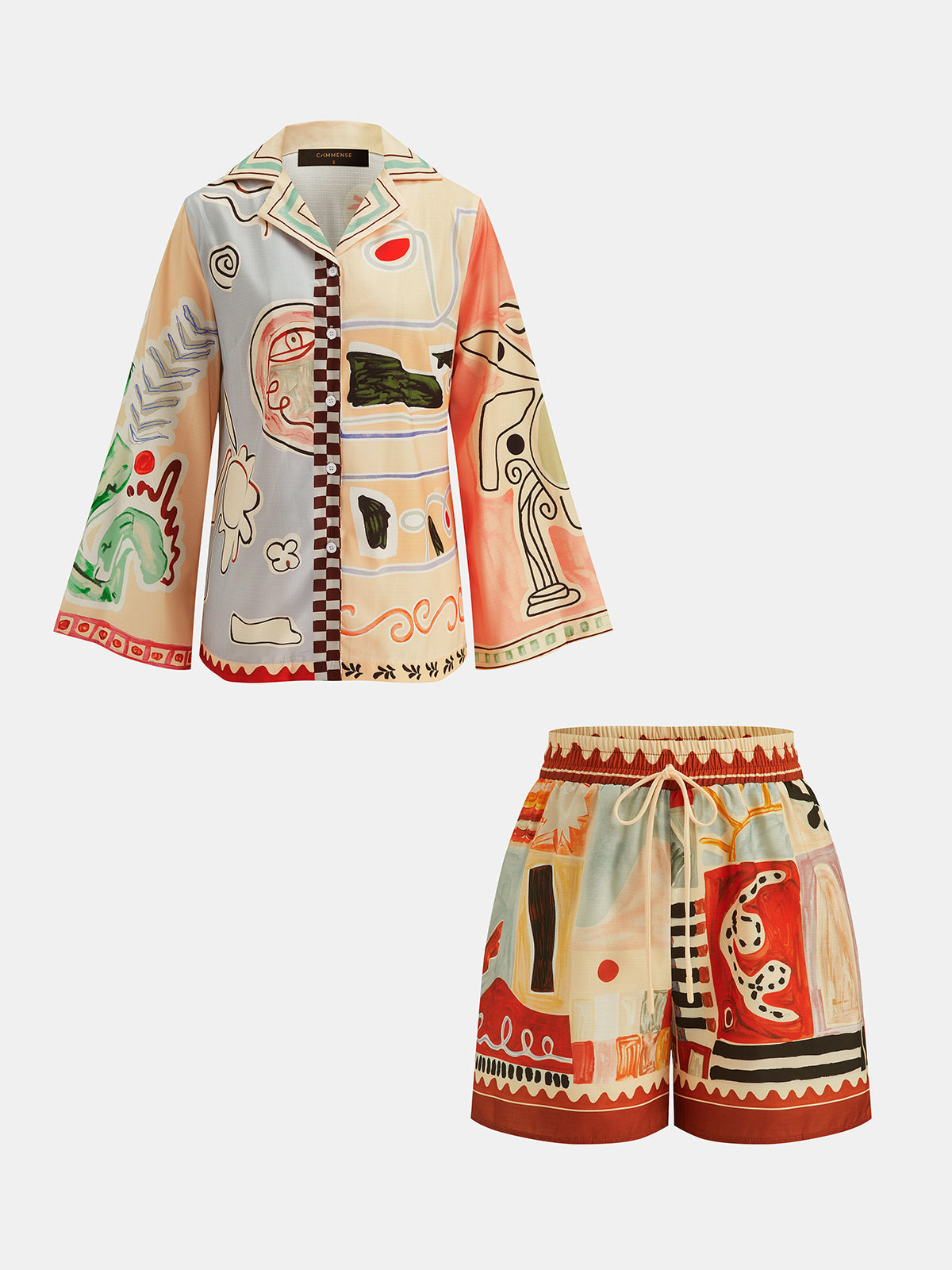 Abstract Print Button-Up Shirt & Adjustable Drawstring Shorts Set for Summer Comfort