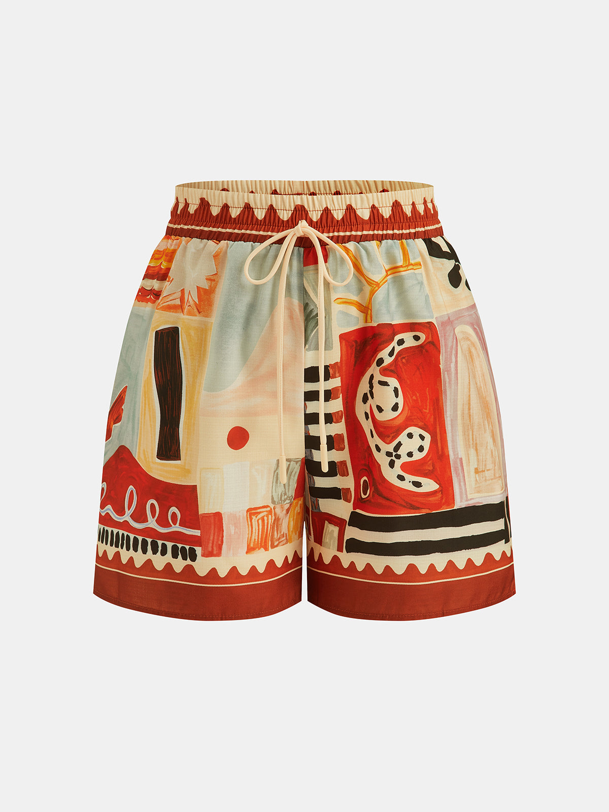 Abstract Print Button-Up Shirt & Adjustable Drawstring Shorts Set for Summer Comfort
