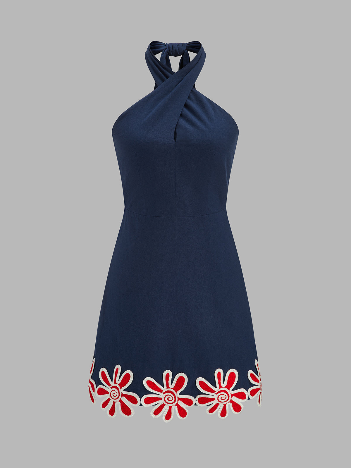 Crisscross Halter Floral Embroidered A-Line Mini Dress for Women