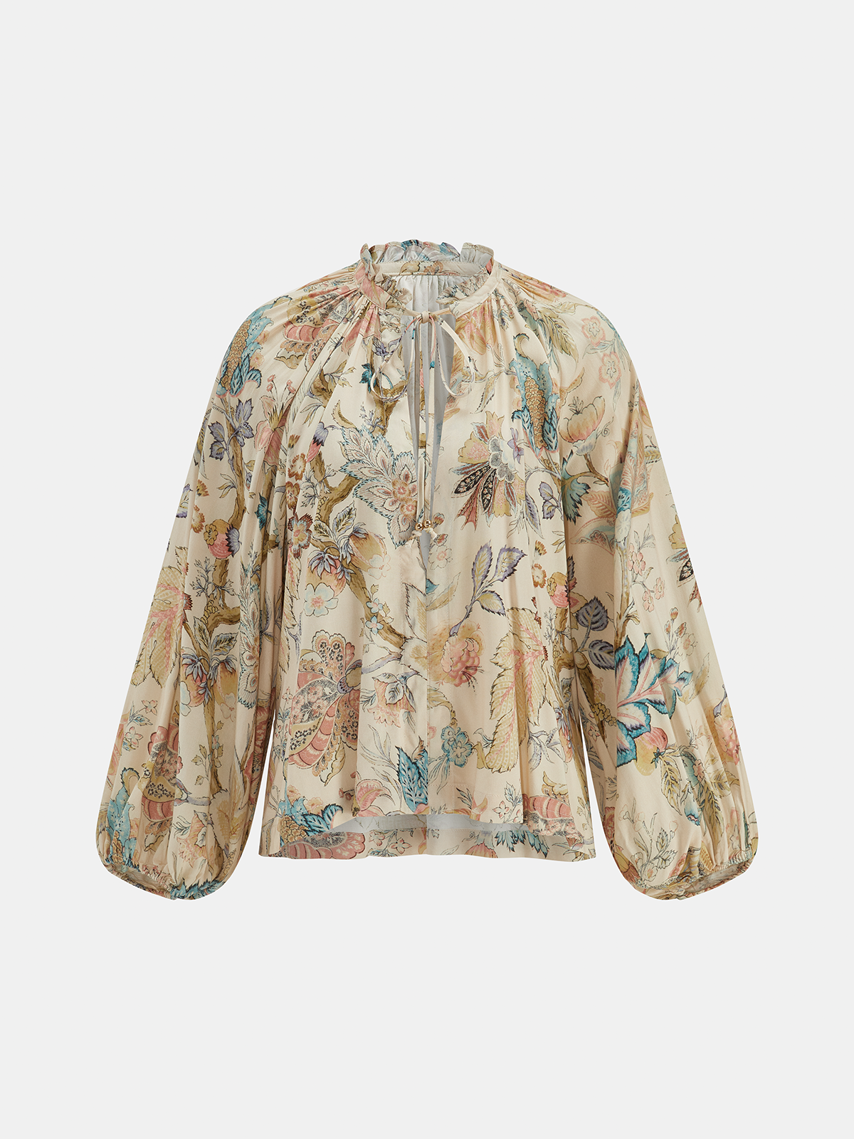Floral Ruffle Tie Neck Balloon Sleeve Blouse for Women, Spring Fashion Essential