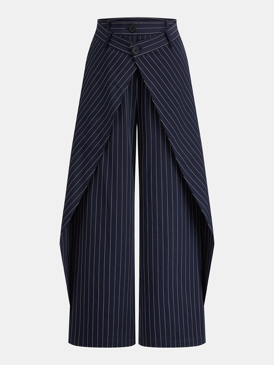 Wrap Overlay Pinstripe Wide Leg Pants with Belt Detail for Women