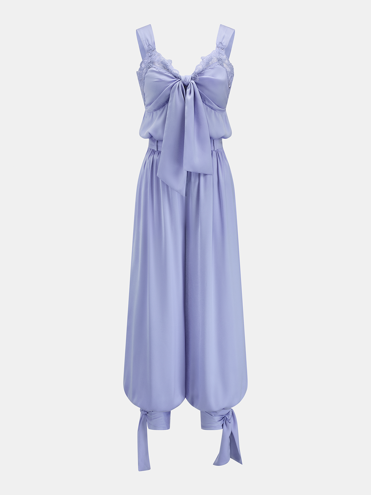 Lace Trim Tie-Front Balloon Leg Cozy Lounge Set for Women