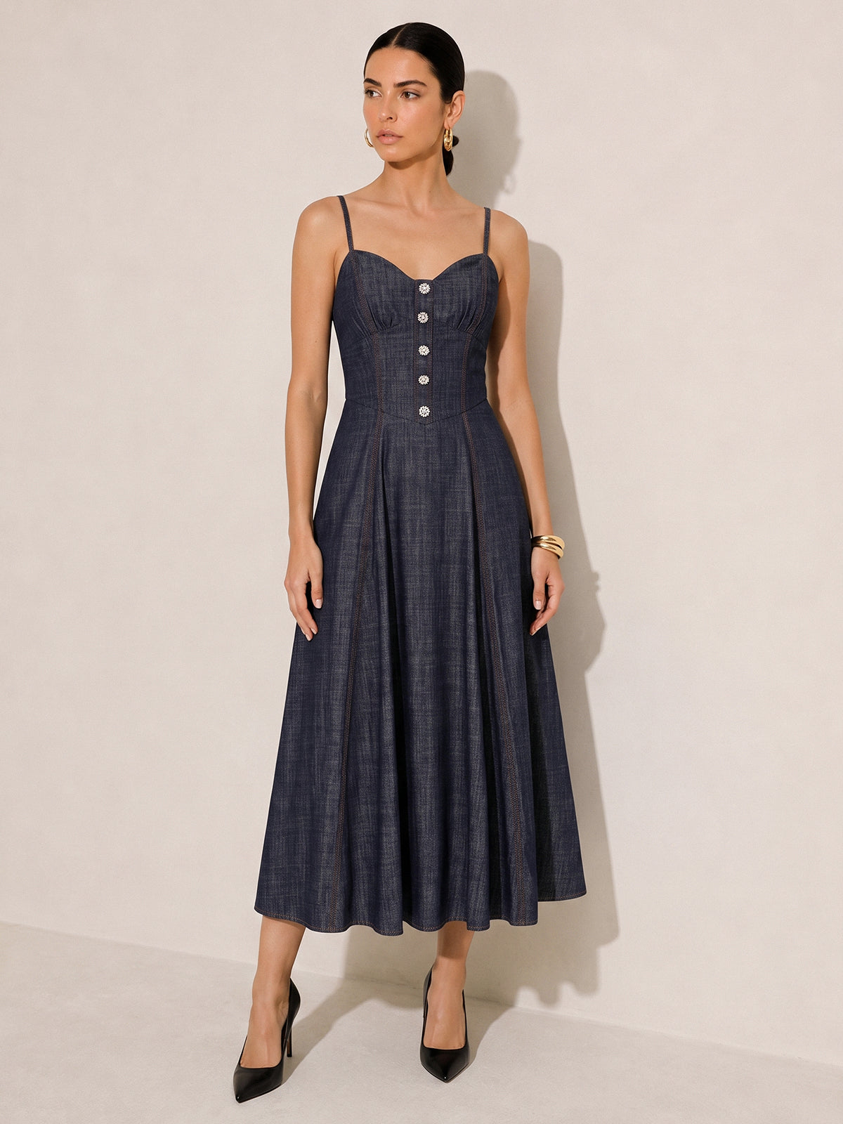 Rhinestone Decor Denim Slip Midi Dress with Adjustable Straps