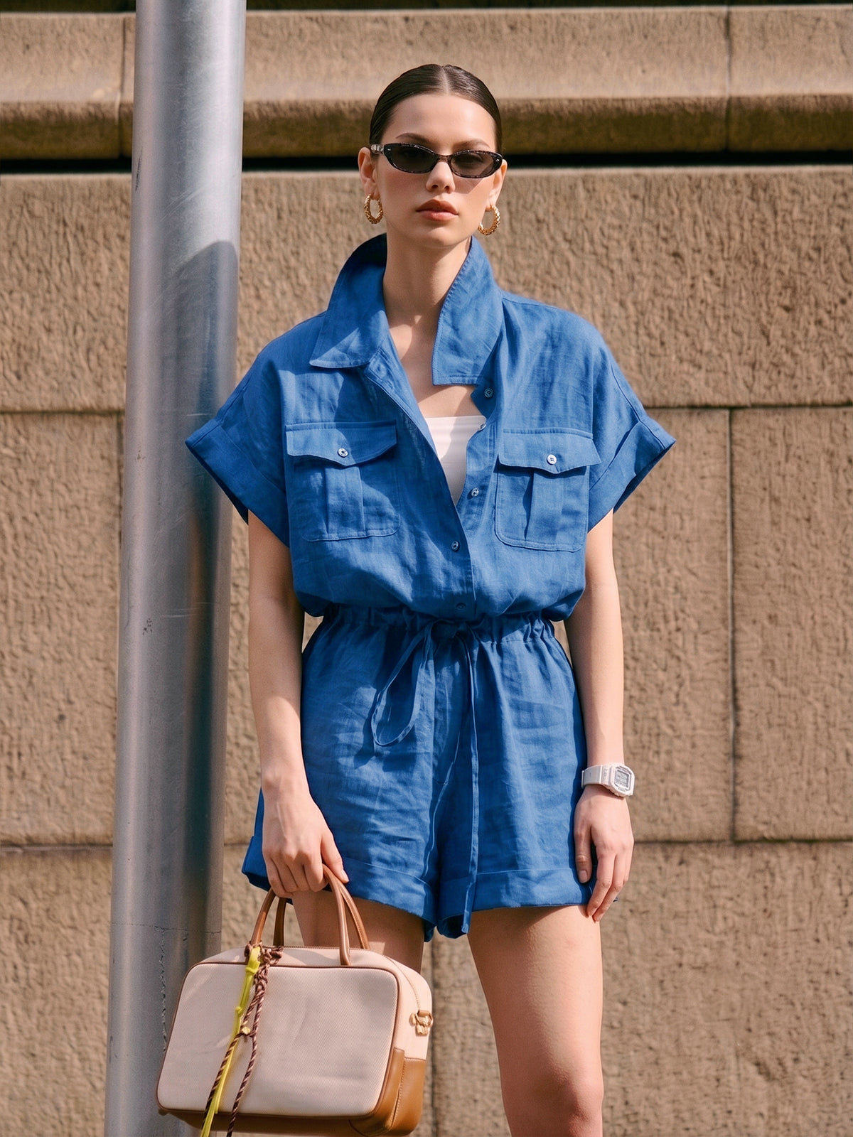 Cotton Linen Pocket Drawstring Shirt Romper Casual Summer Outfit