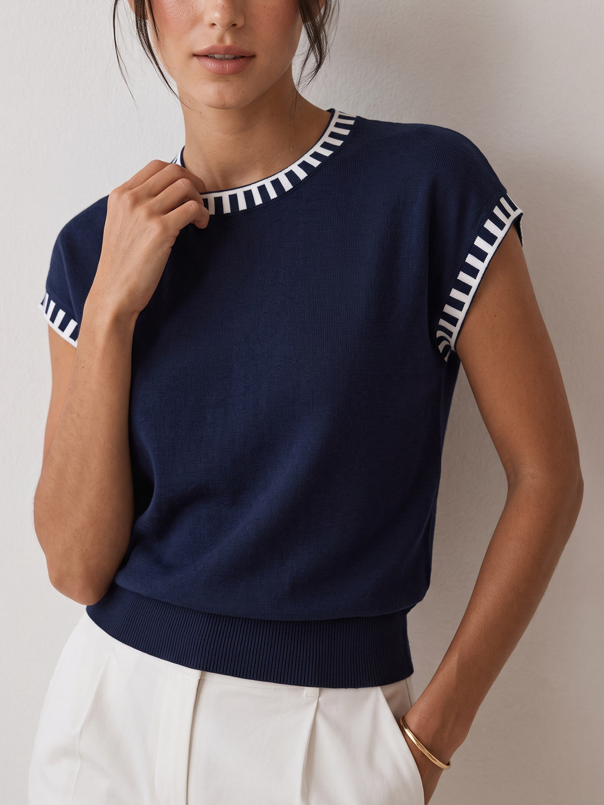 Contrast Trim Cap Sleeve Knit Top for Women Casual Wear