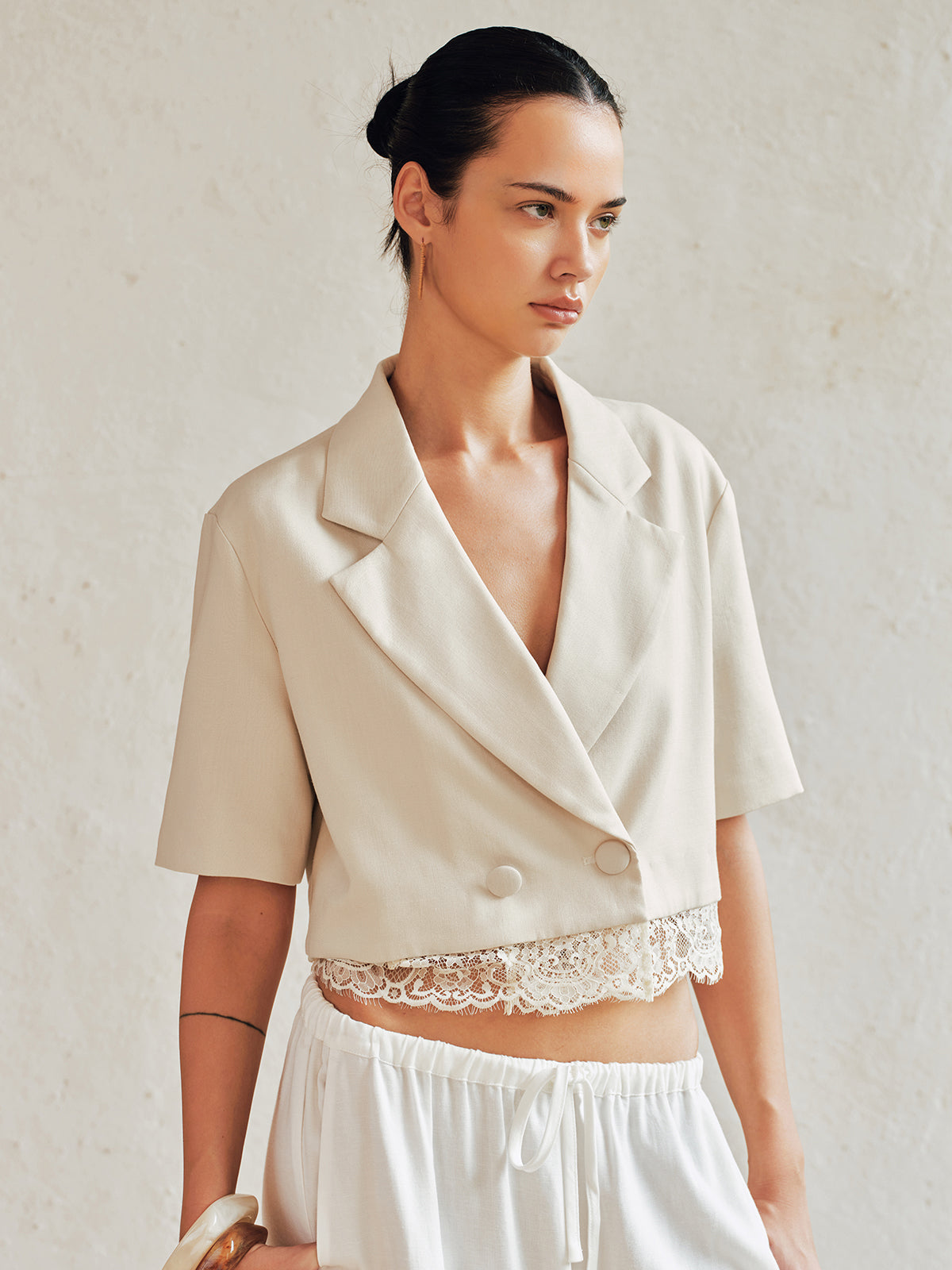Double Breasted Lace Hem Short Sleeve Blazer with Elegant Tailored Fit for Women
