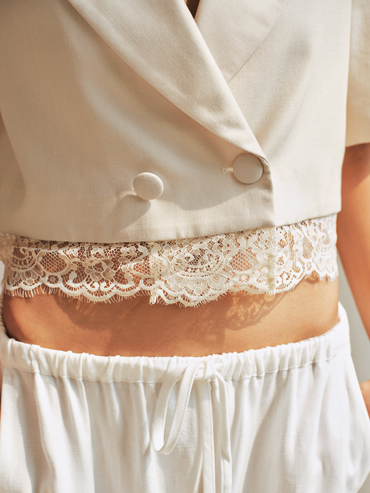 Double Breasted Lace Hem Short Sleeve Blazer with Elegant Tailored Fit for Women