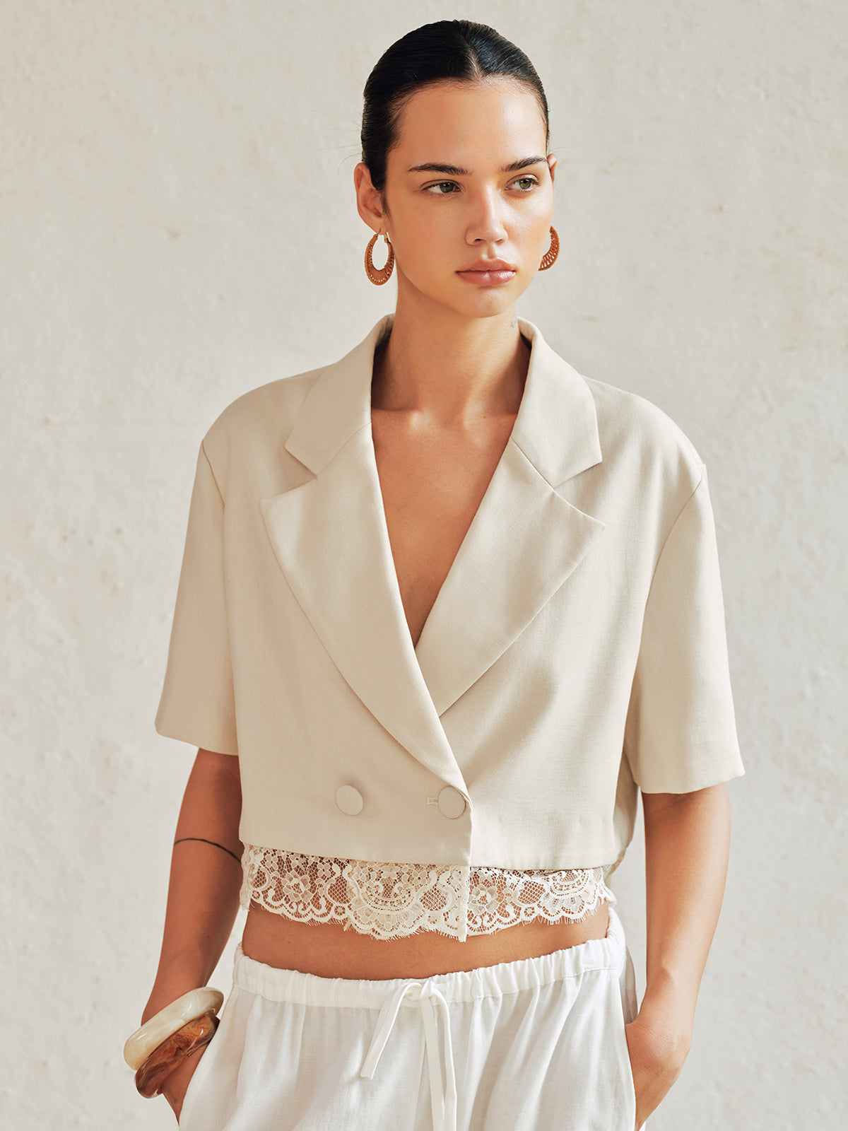Double Breasted Lace Hem Short Sleeve Blazer with Elegant Tailored Fit for Women
