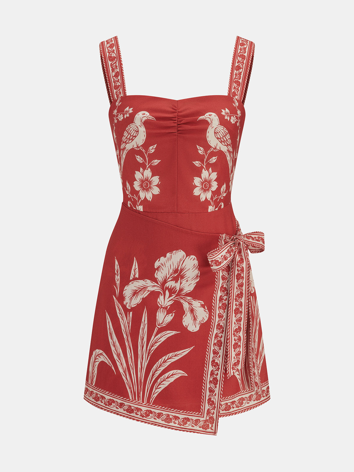 Floral Bird Print Wrap Tie Mini Dress with Ruffled Sleeves and V-Neck