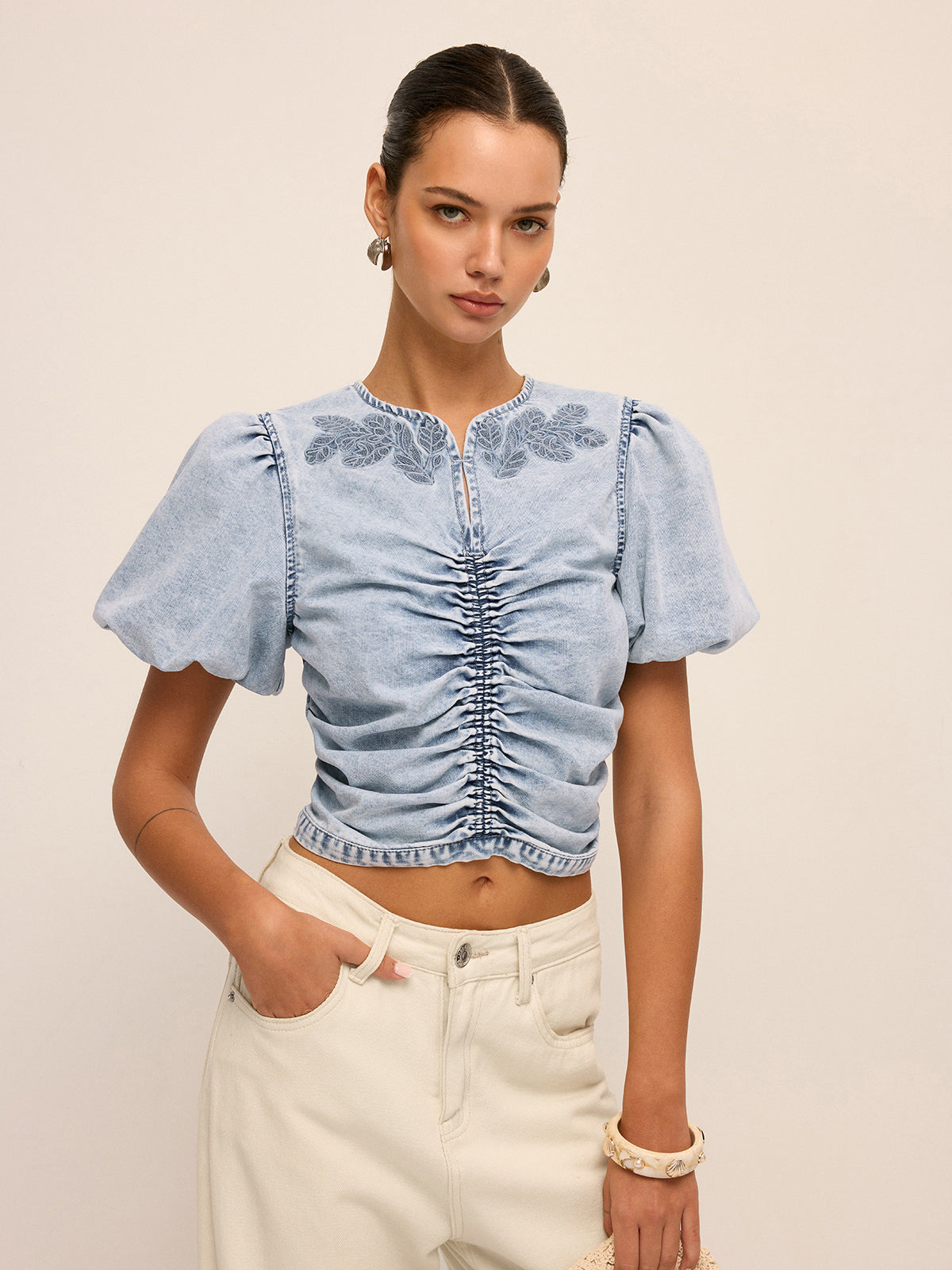 Ruched Puff Sleeve Embroidered Denim Top Trendy Casual Women's Blouse