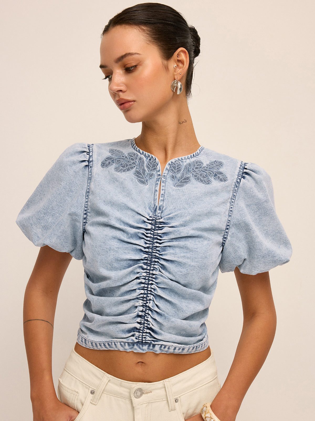 Ruched Puff Sleeve Embroidered Denim Top Trendy Casual Women's Blouse